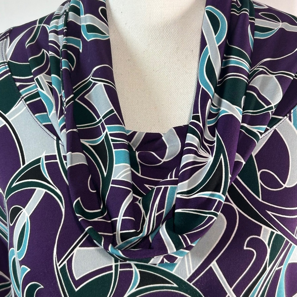 Anne Klein XL Purple Teal Abstract Swirl‎ Cowl Neck Long Sleeve Top - Picture 2 of 9
